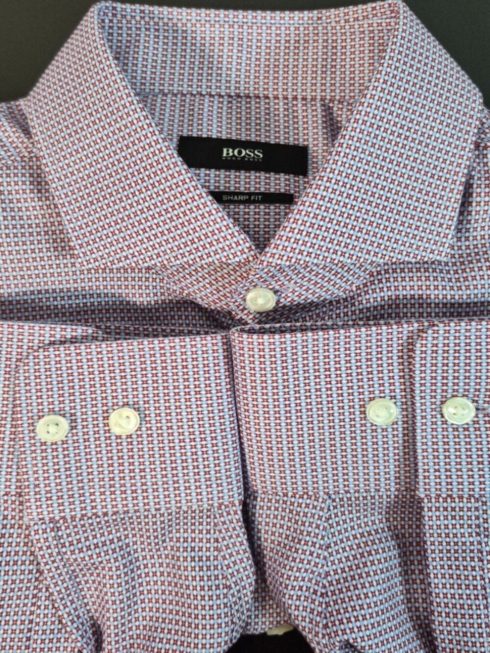 BOSS Hugo Boss Sharp Fit Red Blue White Micro Check Mens Dress Shirt